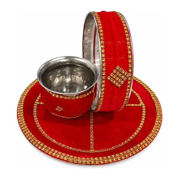 Karva Chauth decorative red pooja thali three-piece set