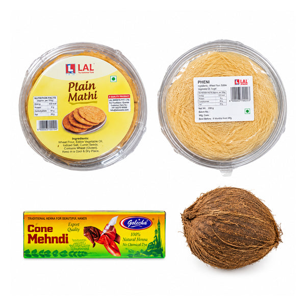 Karwachauth combo with mathi, pheni, mehndi and coconut on white background