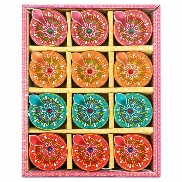 KCS non-wax clay diyas, pack of 12, in assorted colours