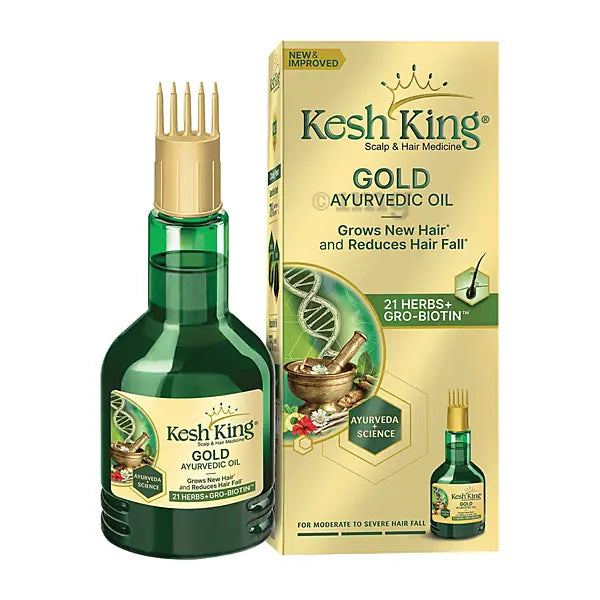 Kesh King Gold Ayurvedic Oil 50ml bottle and box straight front view on white background