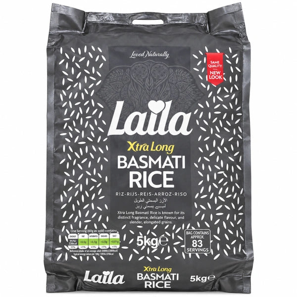 Laila Xtra Long Basmati Rice 5kg grey bag on a white background