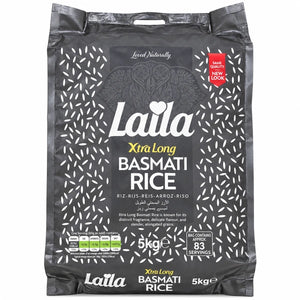 Laila Xtra Long Basmati Rice 5kg grey bag on a white background