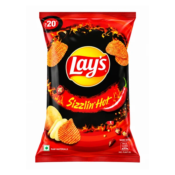 Lays Sizzling Hot potato chips 50g red and black packet, front view