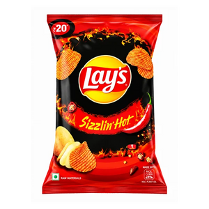 Lays Sizzling Hot potato chips 50g red and black packet, front view