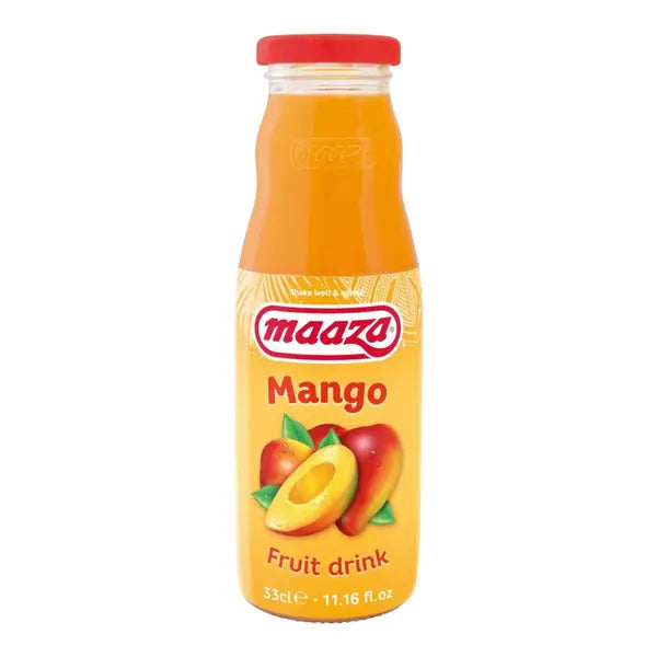 Maaza mango fruit drink 330ml glass bottle front view