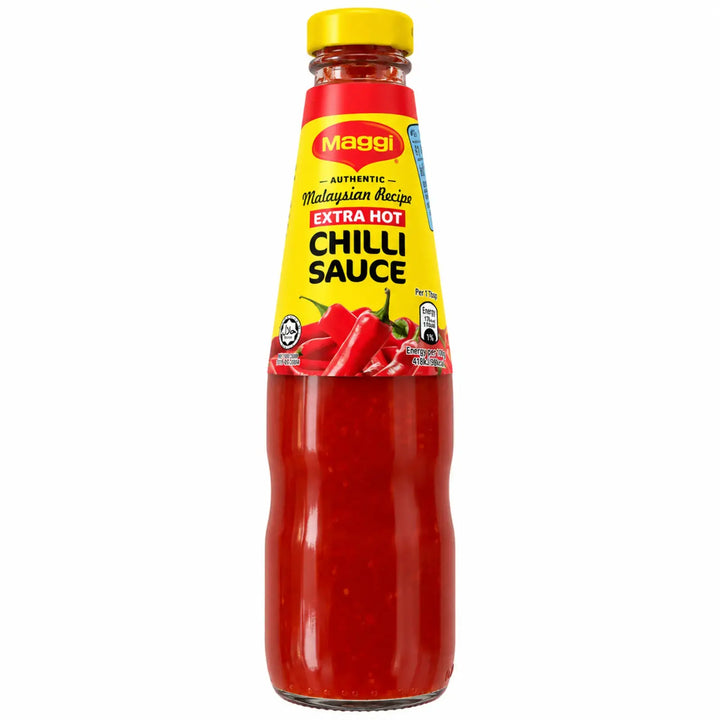 Maggi Extra Hot Chilli Sauce bottle with yellow cap and red and yellow label