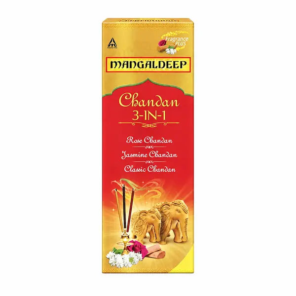 Mangaldeep Chandan 3-in-1 Agarbatti 226g box centred on pure white background