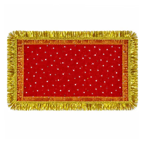 Red Mata ki chunri with golden fringe, 10 x 20 inch, on white background