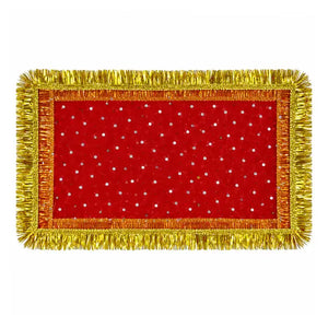 Red Mata ki chunri with golden fringe, 10 x 20 inch, on white background
