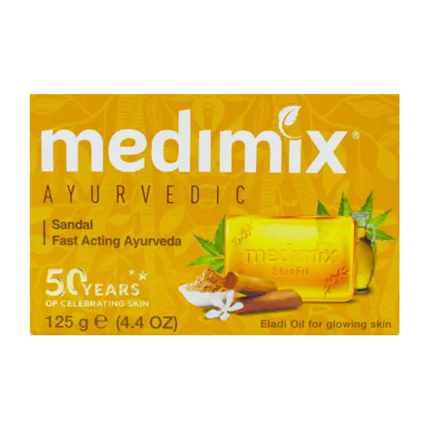 Medimix Ayurvedic Sandal Soap 125g box and soap bar on white background