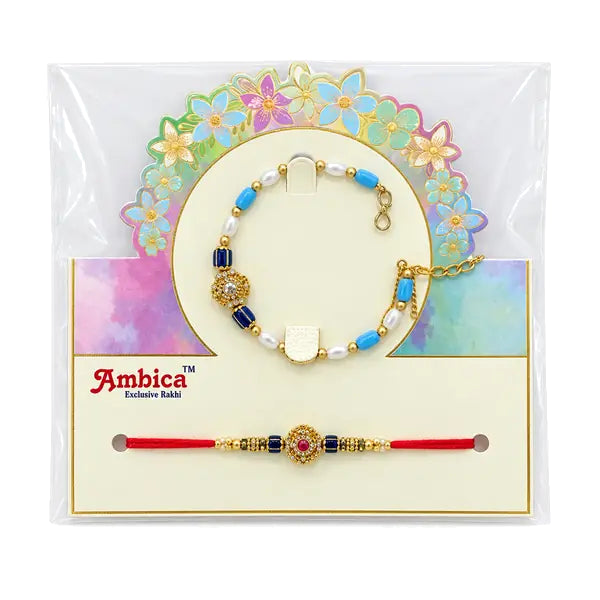 Meera-Mohan Bhaiya Bhabhi pair Rakhi set in Ambica gift pack