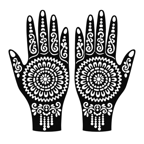 Full hand floral Mehndi stencils, one left and right pair on white background