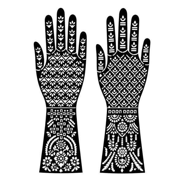 Full hand and arm Mehndi stencils, one left and right pair on white background
