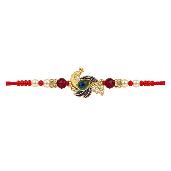 Mor Leela Rakhi with peacock motif, centred on white background