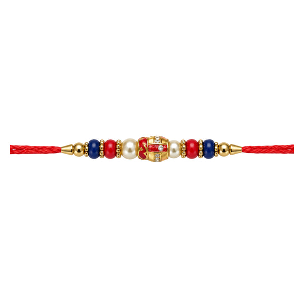 Mor Pankh Rakhi with multicolour centre beads on white background