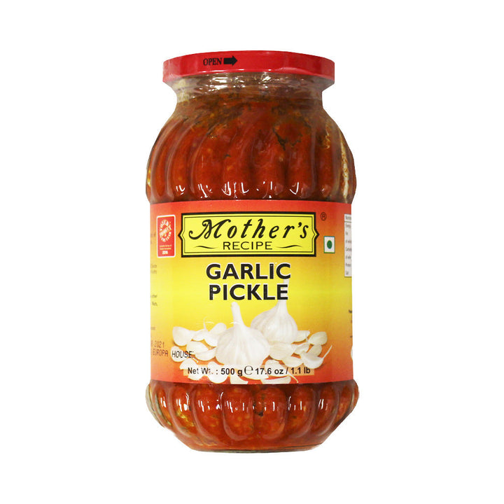 Mother's Recipe Pickle Garlic 500g jar on white background
