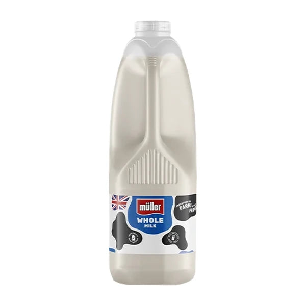 Müller Whole Milk 2L bottle, front view on white background