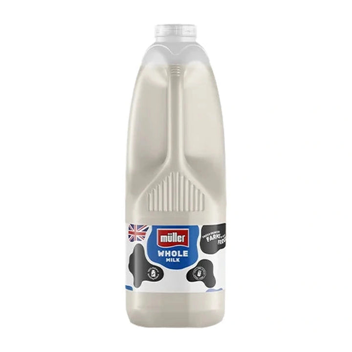 muller whole milk 2l pack on a white background