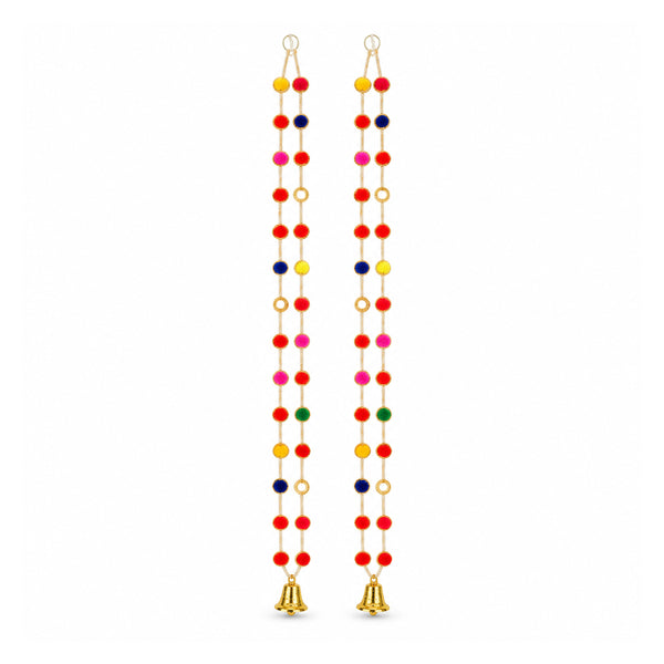 Multicolour pom pom and ghungroo door hanging, two 38-inch strings on white background