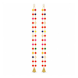Multicolour pom pom and ghungroo door hanging, two 38-inch strings on white background
