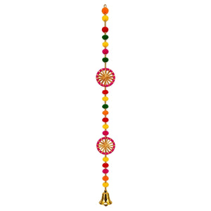Multicolour pom pom toran with two wheel ornaments and bells on pure white background