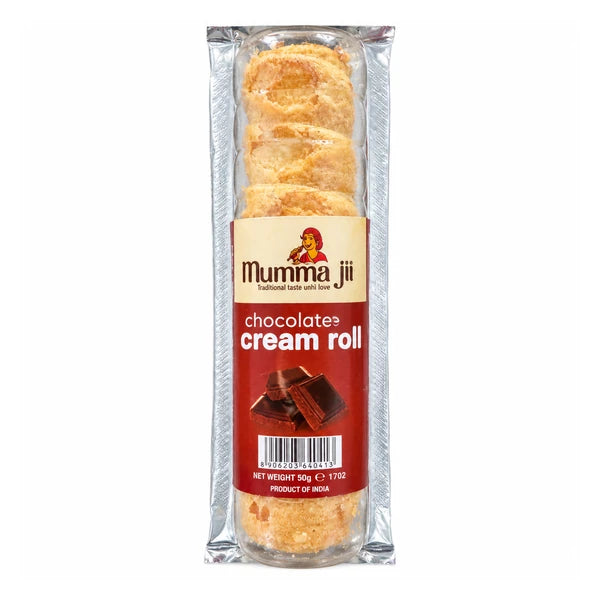 Mumma Jii Chocolate Cream Roll 50g pack, front label