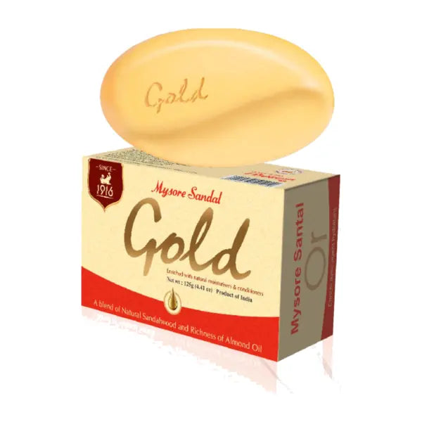 Mysore Sandal Gold Soap 125g box and soap bar on white background