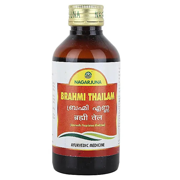Nagarjuna Brahmi Thailam Oil 200ml straight bottle on white background