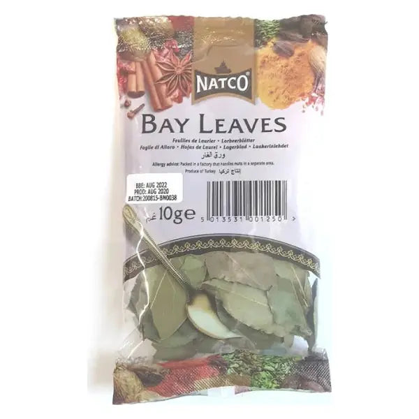 Natco bay leaves 10g packet shown clearly on a white background