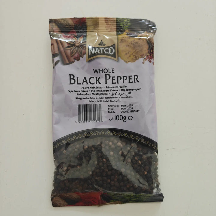 Natco Black Pepper Whole 100g clear pack shown front-facing