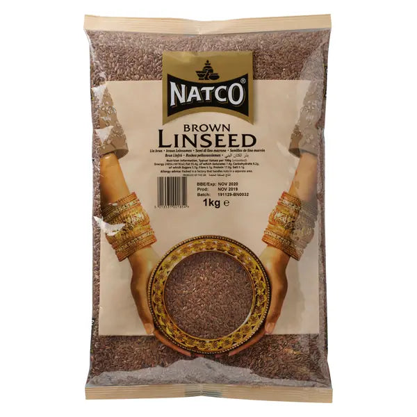 Natco brown linseed flaxseed 1kg pack displayed on a white background