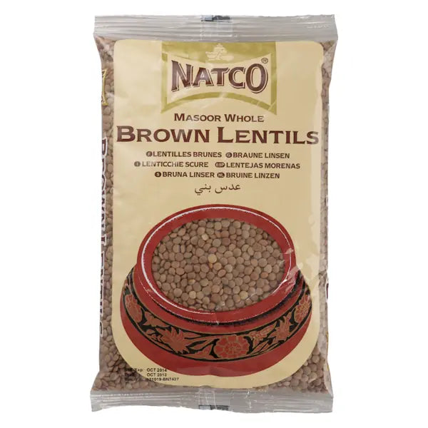 Natco brown whole lentils masoor 2kg pack on a white background