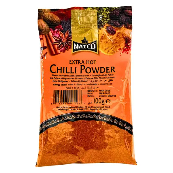 Natco extra hot chilli powder 100g pack on a white background