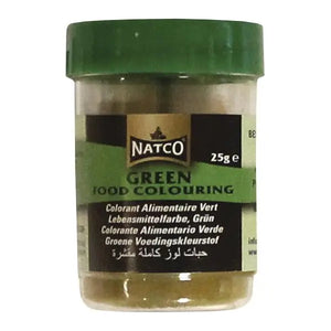 Natco green food colouring 25g jar displayed on a white background
