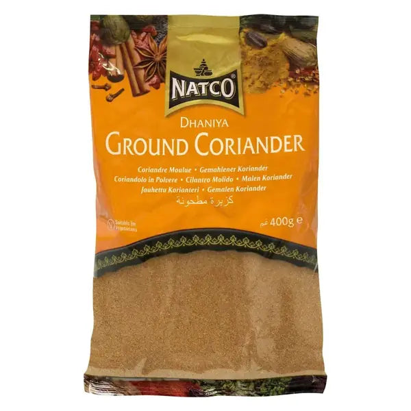 Natco ground coriander 400g pack displayed clearly on a white background