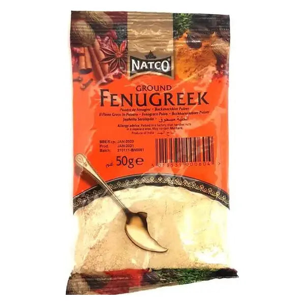 Natco ground fenugreek methi powder 50g pack on a white background