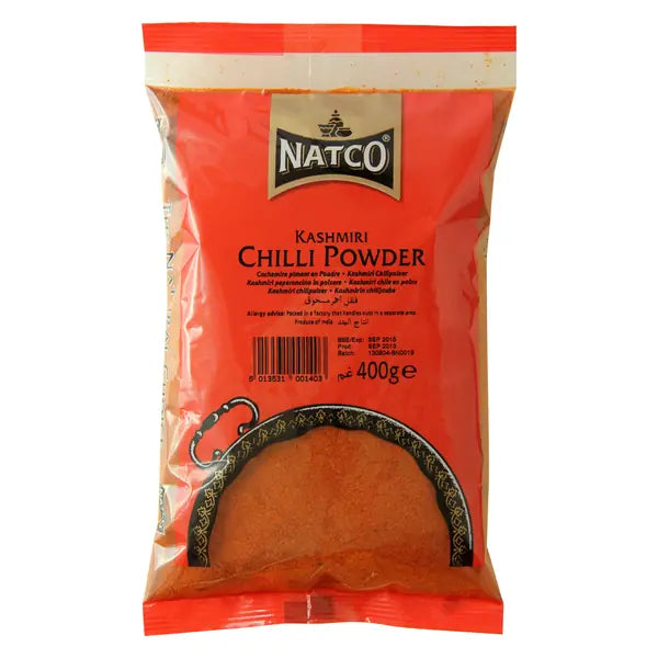 Natco Kashmiri mild chilli powder 400g pack on a white background