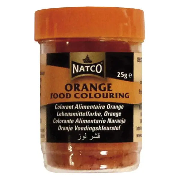 Natco orange food colouring 25g jar displayed on a white background