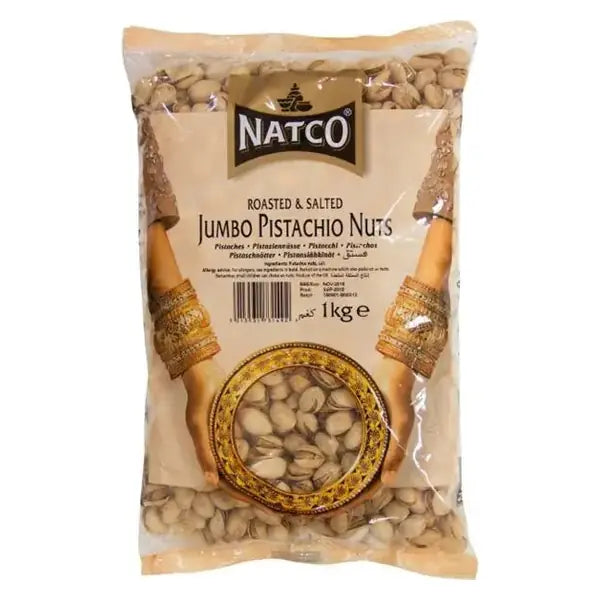 Natco roasted and salted jumbo pistachio nuts 1kg pack on white background