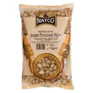 Natco roasted and salted jumbo pistachio nuts 1kg pack on white background