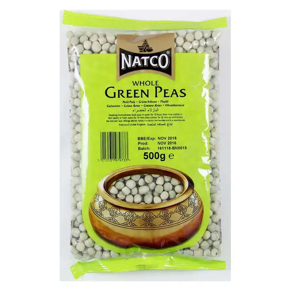 Natco whole green peas 500g pack displayed on a white background
