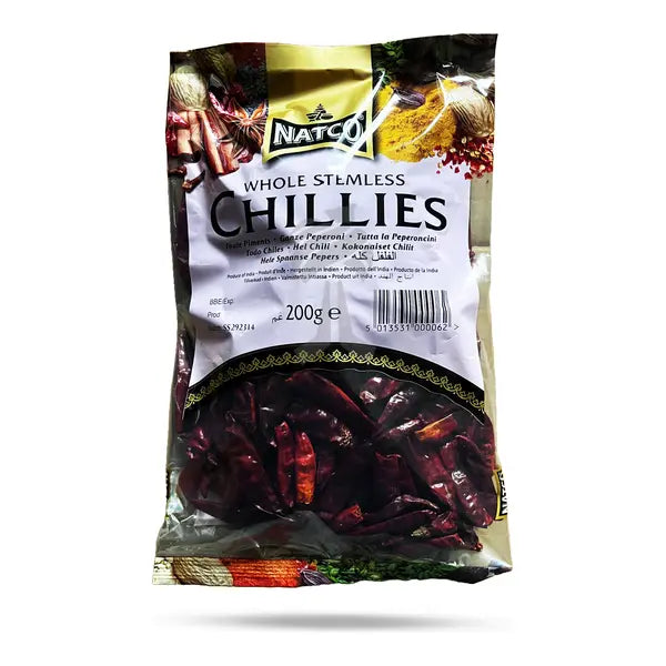 Natco whole stemless red chillies 200g retail packet