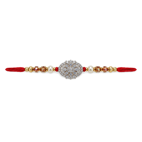 Nazar Raksha Rakhi with silver centre and pearl beads on white background