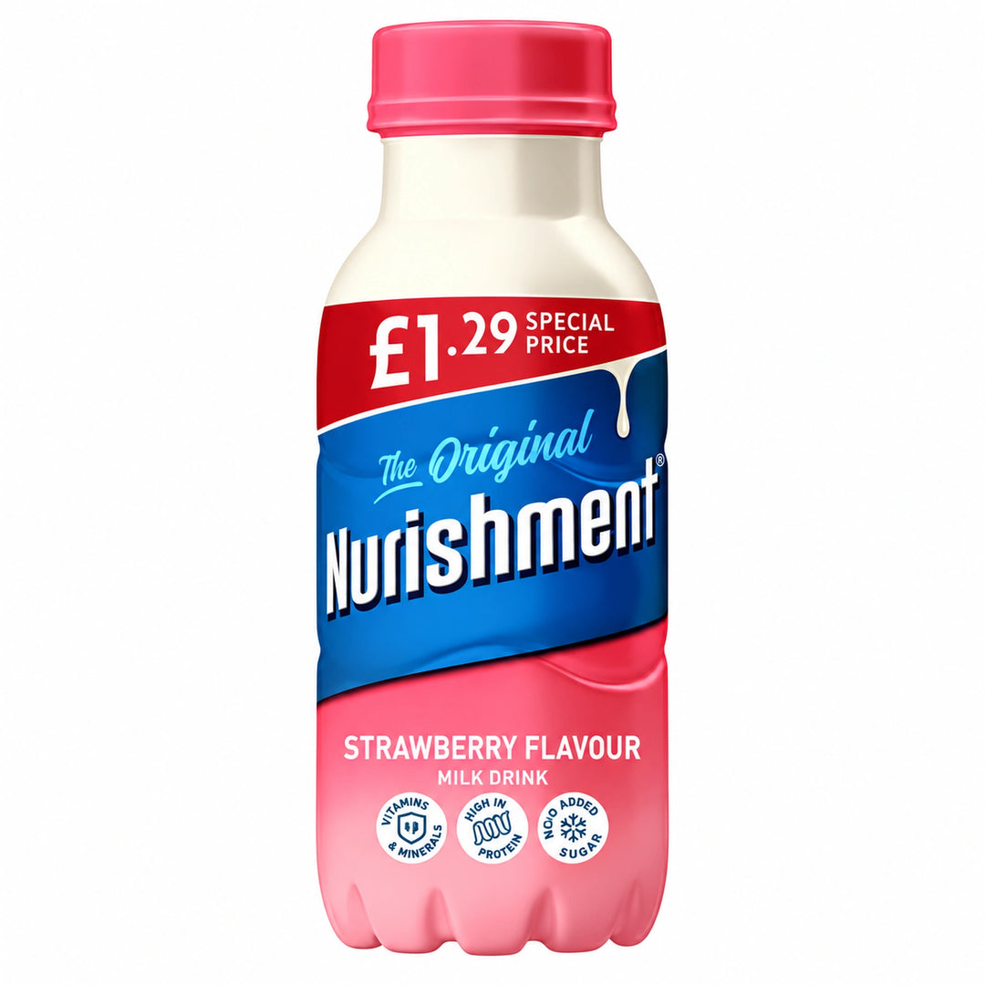 nurishment strawberry 330ml pack on a white background