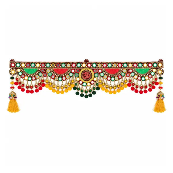 Om mirrored embroidered toran with bead hangings on white background