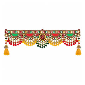 Om mirrored embroidered toran with bead hangings on white background