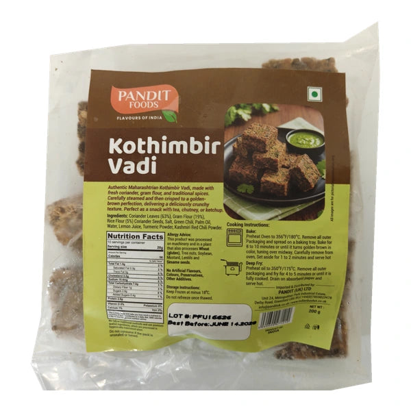 Pandit Foods Kothimbir Vadi frozen 200g – front of pack on a white background