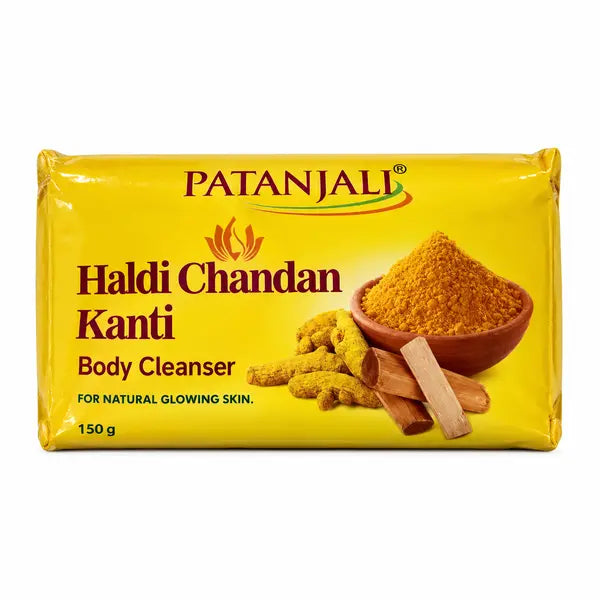 Patanjali Haldi Chandan Kanti Soap 150g straight front view on white background