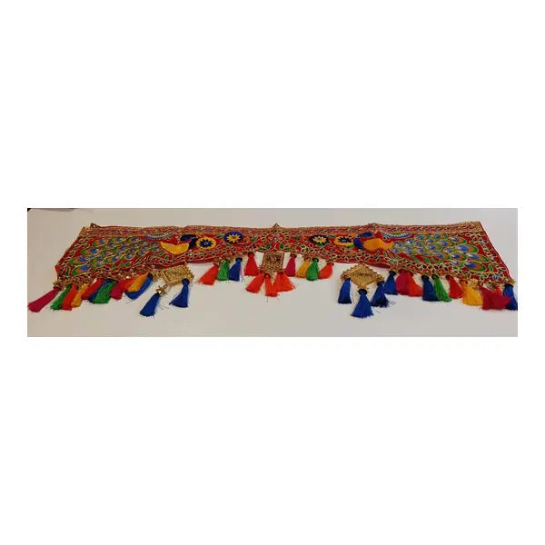 Peacock embroidered festive toran door hanging with colourful tassels