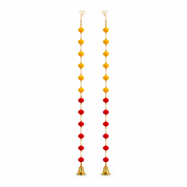Yellow and red pom pom door hanging pair, 38 inch on white background